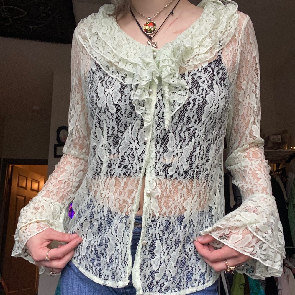 “delicate ivory” vintage button up lace blouse bell sleeve